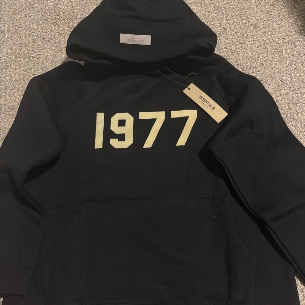 Essentials Black Hoodie with Cream Print